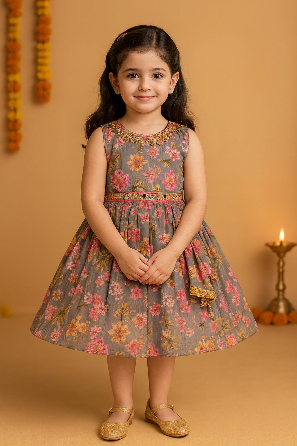 Girls Floral Chiffon Summer Dress with Mirror Work Festive Wear