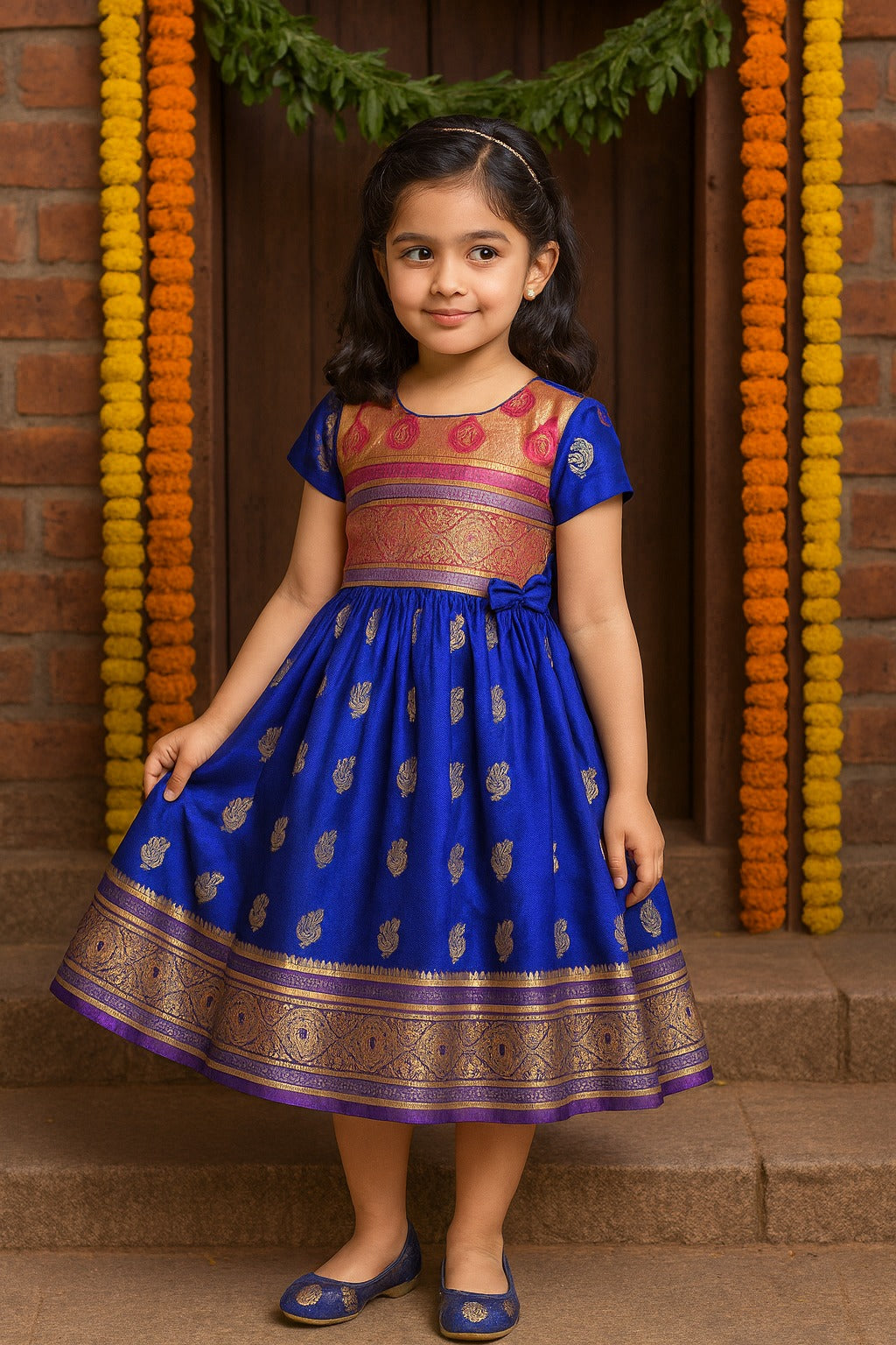 Girls Woven Zari Short Sleeve Round Neck Ethnic Dress