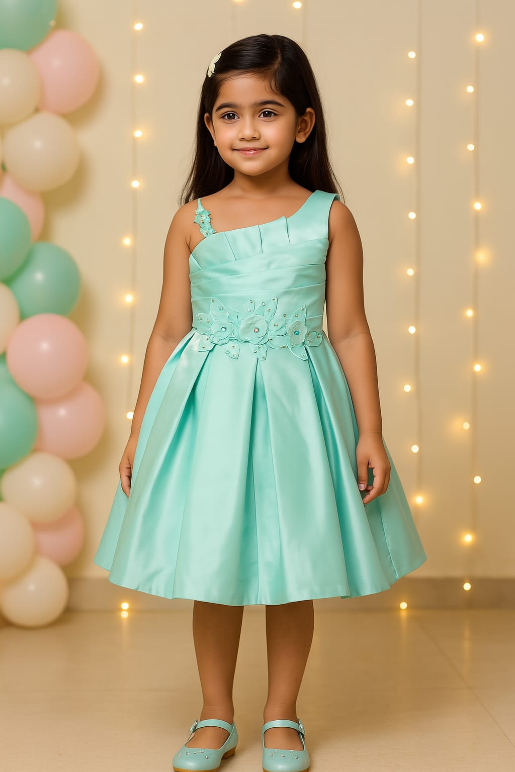 Girls Satin Embellished Flower Detailed Fit and Flare Dress