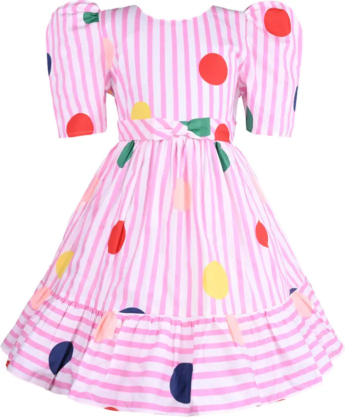 Girls Cotton Striped Polka Print Summer Dress
