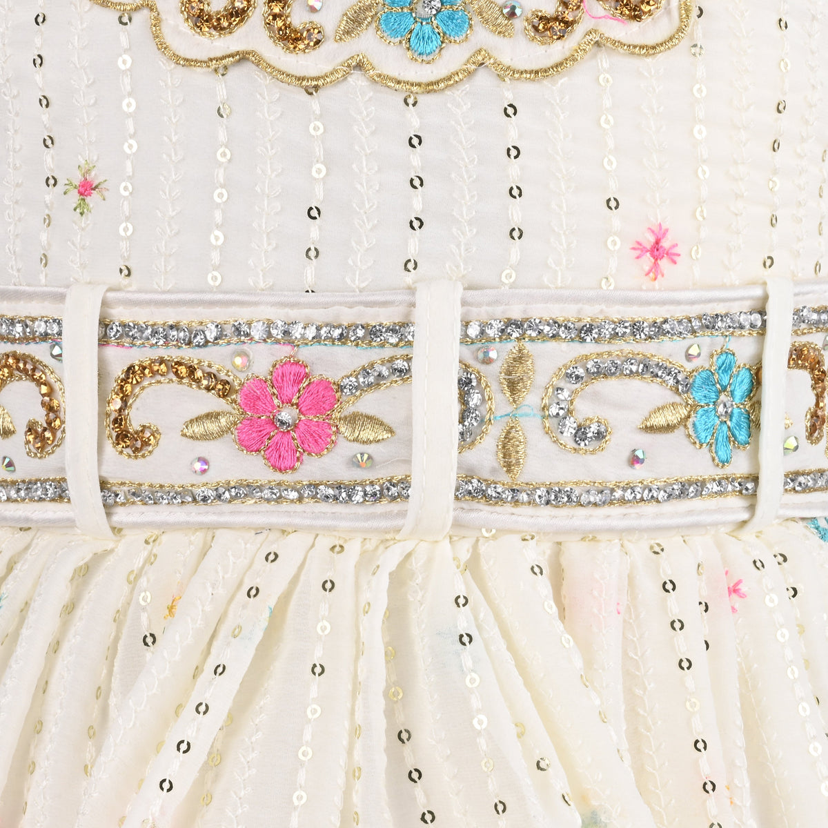 White Georgette Sleeveless Baby Girl Dress with Floral Embroidery
