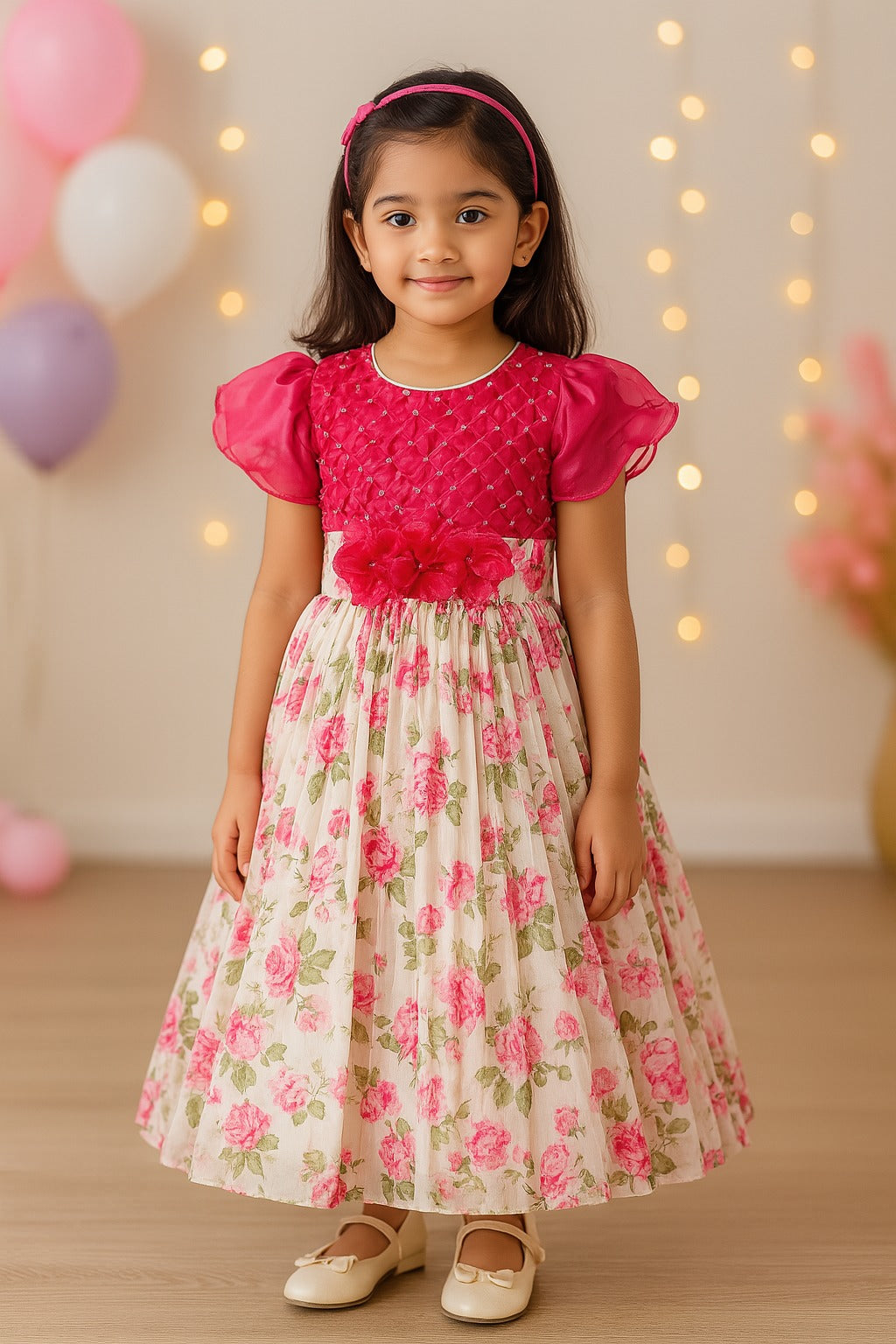 Girls Floral Embellished Printed Party Dress