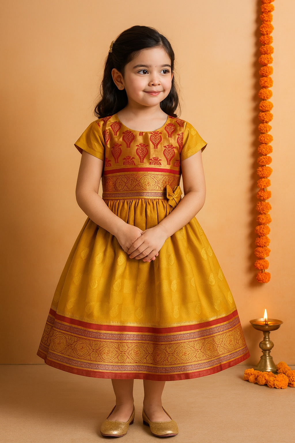 Girls Woven Zari Short Sleeve Round Neck Ethnic Dress