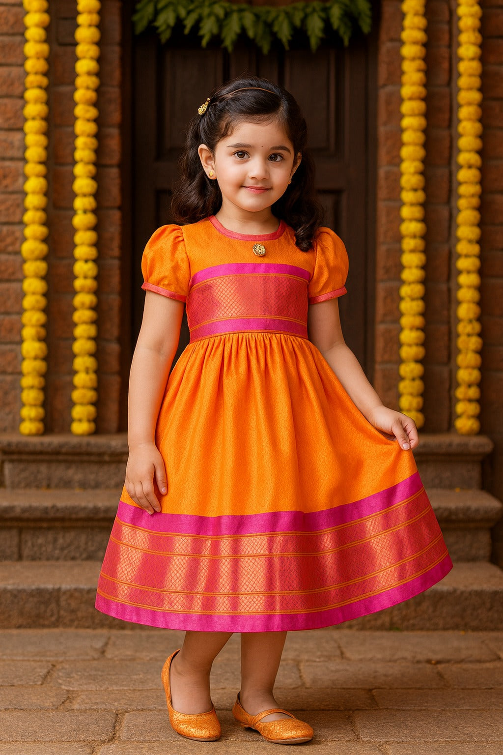 Girls Silk Traditional Zari Border Dress