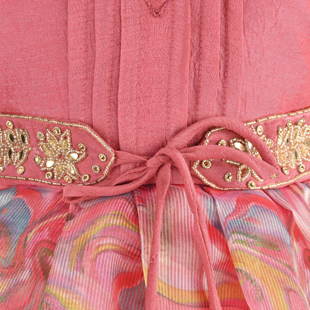 Girls Floral Bead Embellished Puff Sleeve Ethnic Dress