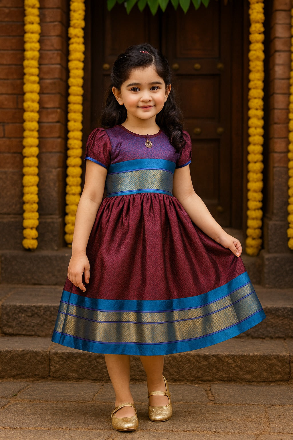 Girls Silk Traditional Zari Border Dress