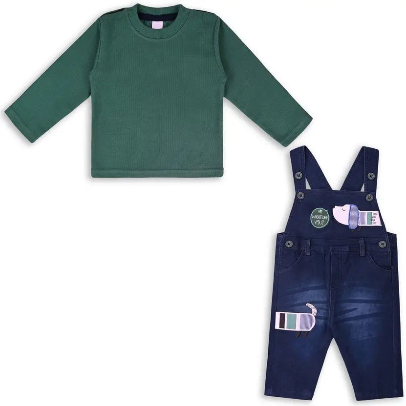 Boys Embroidered Cotton Tshirt Dungaree Set
