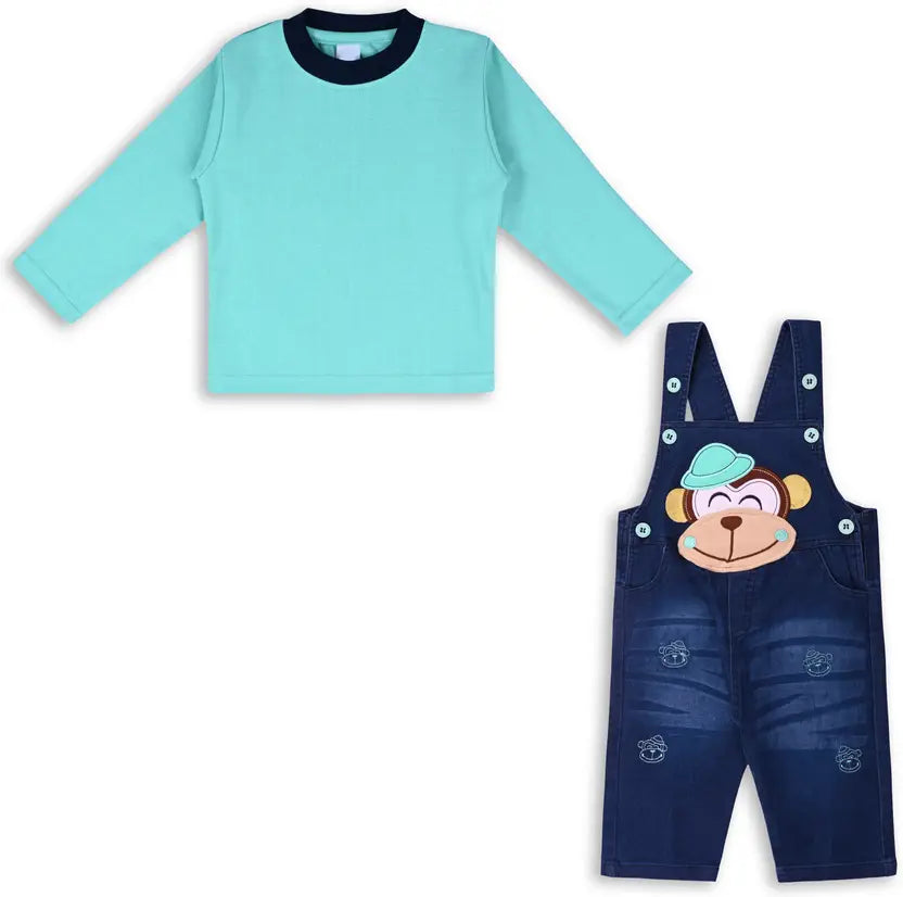 Boys Embroidered Cotton Tshirt Dungaree Set