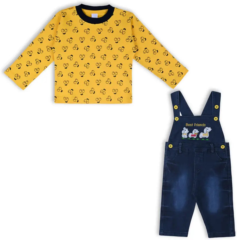 Boys Embroidered Cotton Tshirt Dungaree Set