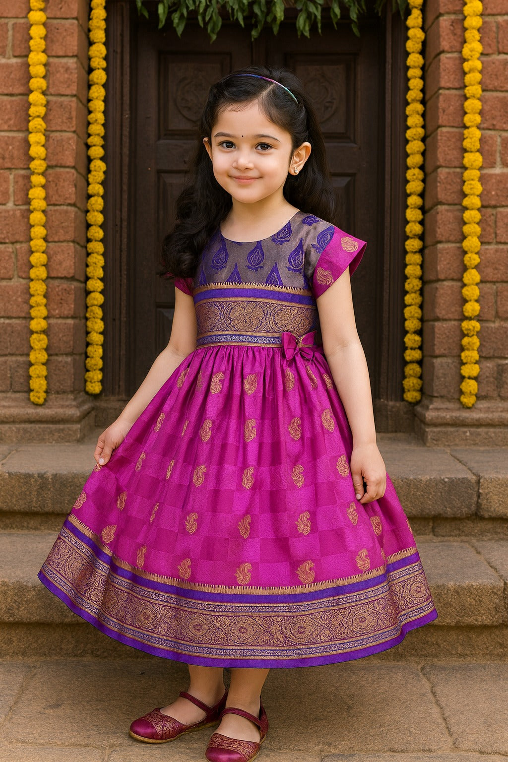 Girls Woven Zari Short Sleeve Round Neck Ethnic Dress