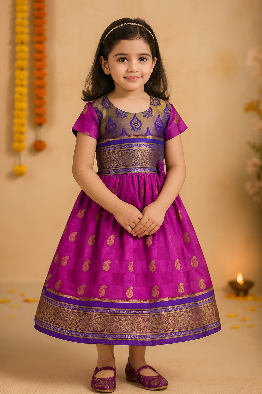 Girls Woven Zari Short Sleeve Round Neck Ethnic Dress