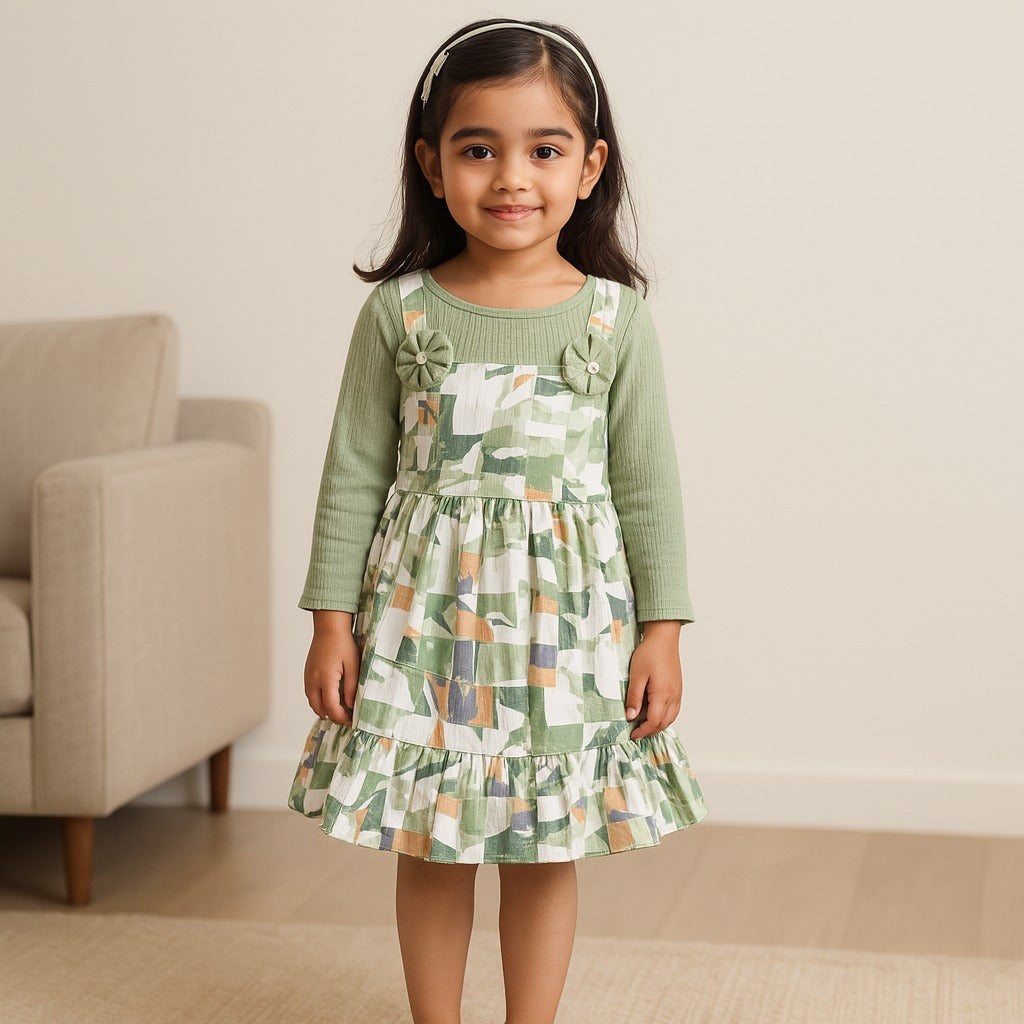 Girls Abstract Print T-shirt and Pinafore Dungaree Dress Set