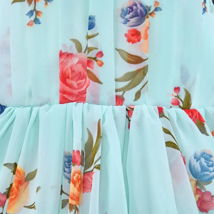 Girls Blue Floral Printed Strappy Dress