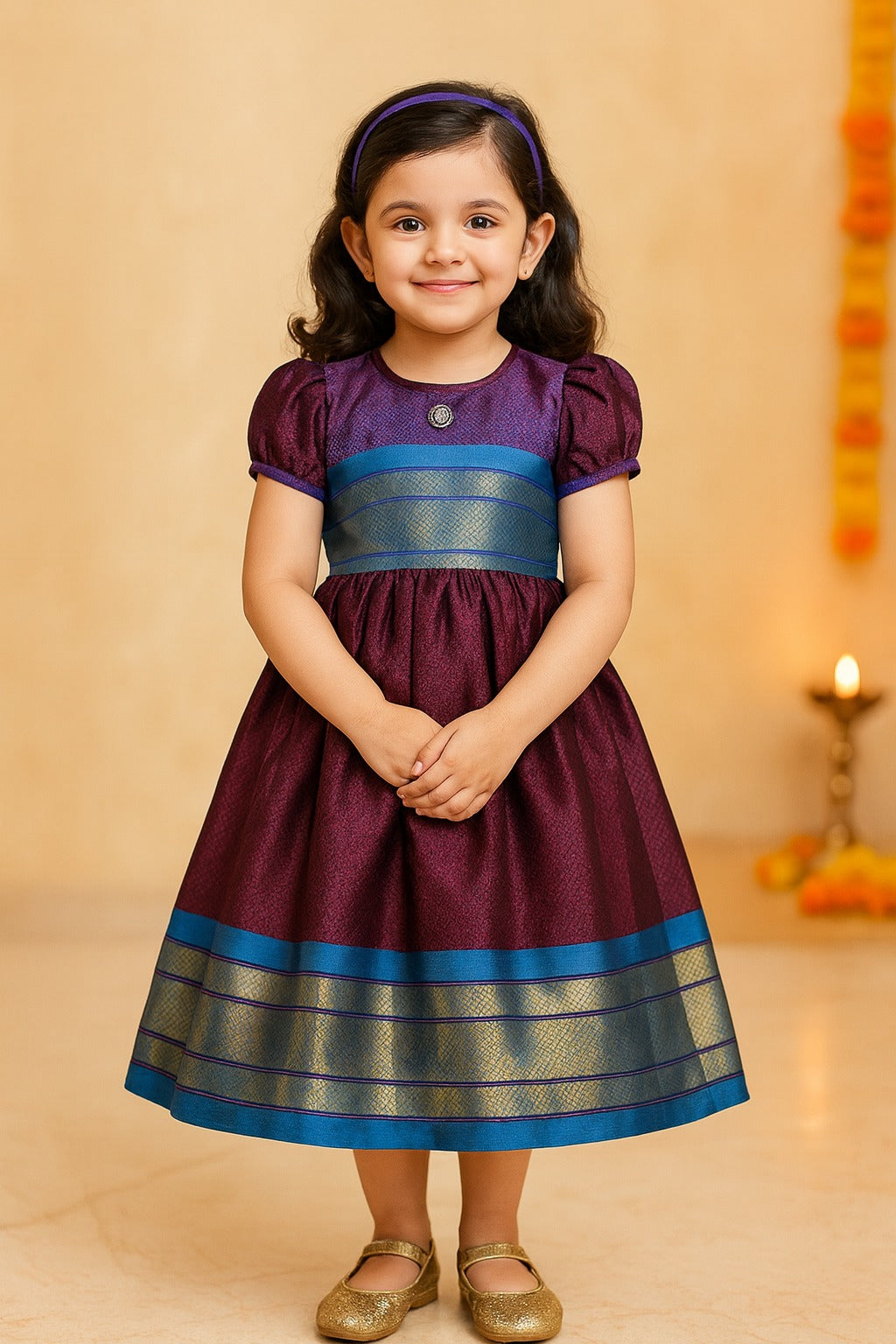 Girls Silk Traditional Zari Border Dress