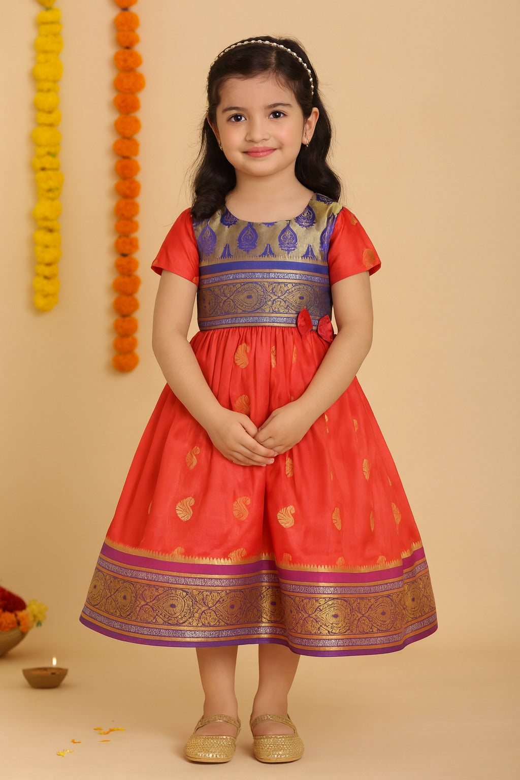 Girls Woven Zari Short Sleeve Round Neck Ethnic Dress