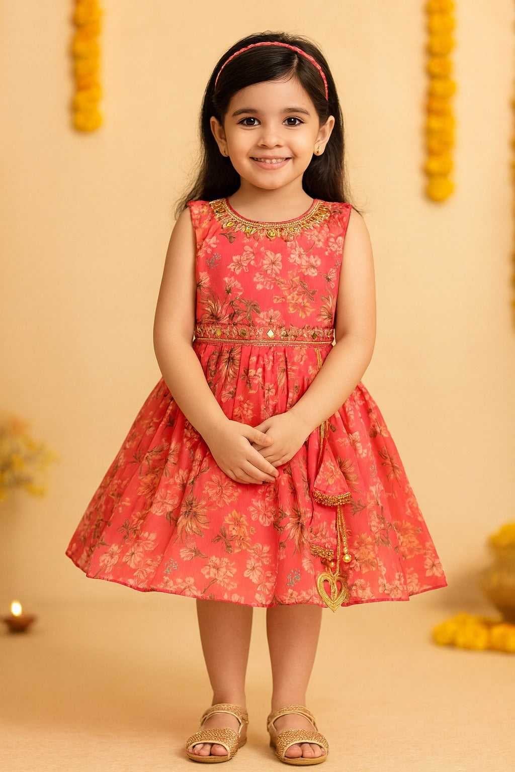 Girls Floral Chiffon Summer Dress with Mirror Work Festive Wear