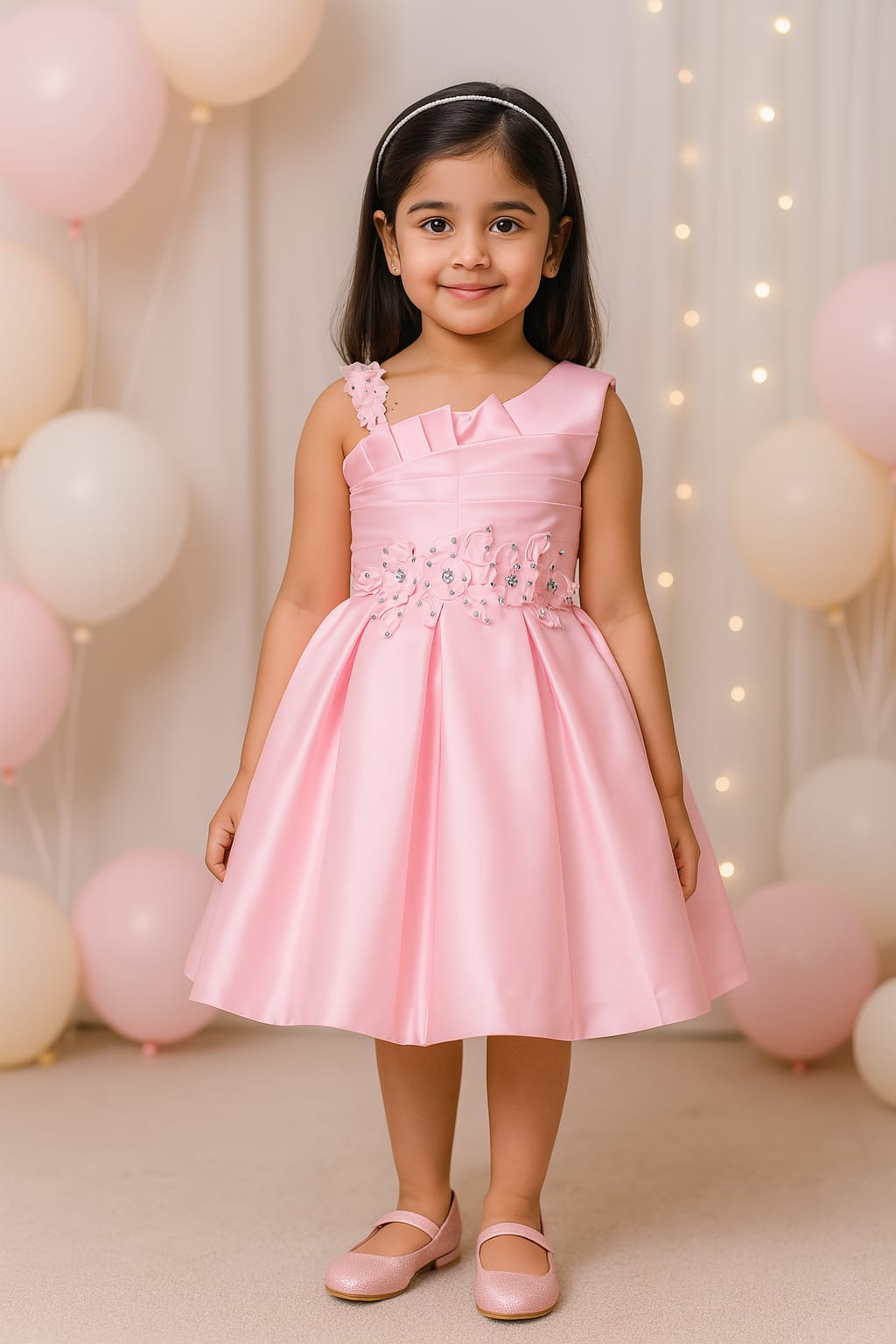 Girls Satin Embellished Flower Detailed Fit and Flare Dress