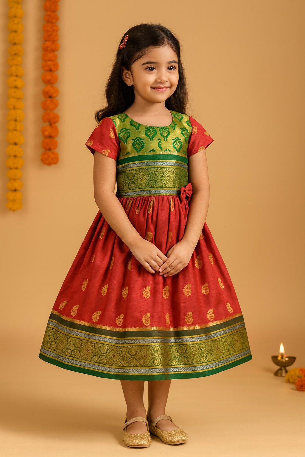 Girls Woven Zari Short Sleeve Round Neck Ethnic Dress
