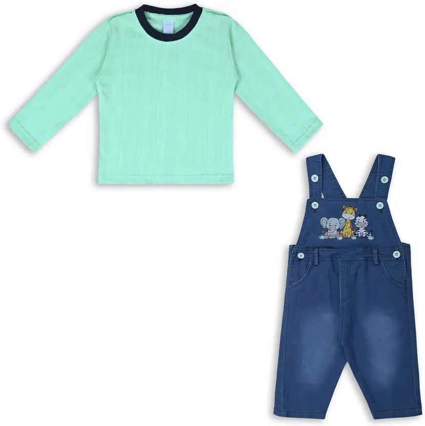 Boys Embroidered Cotton Tshirt Dungaree Set