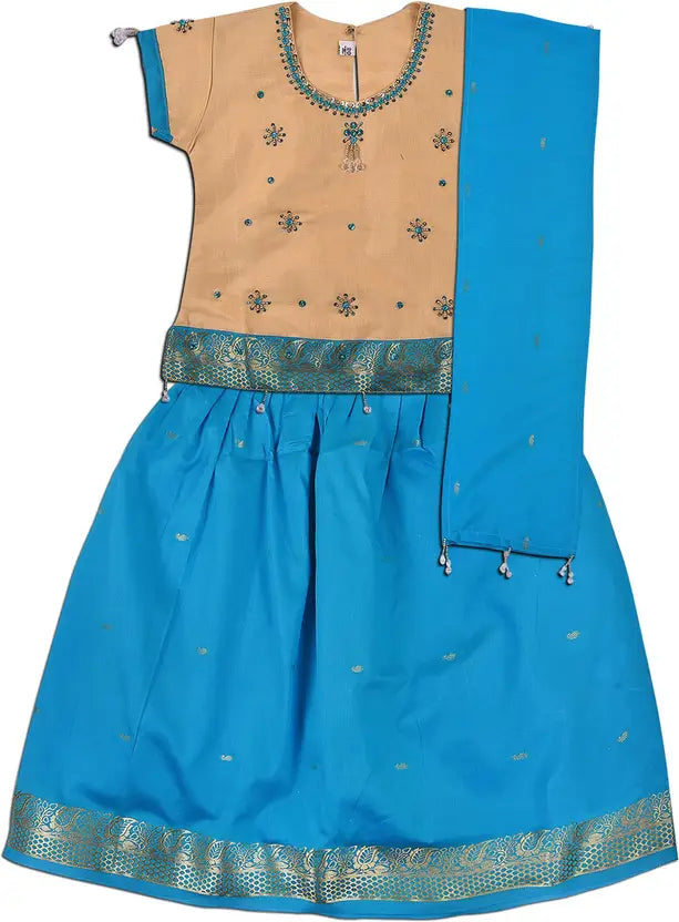 Girls Zari Border and Beaded Lehenga Choli Duppatta Set