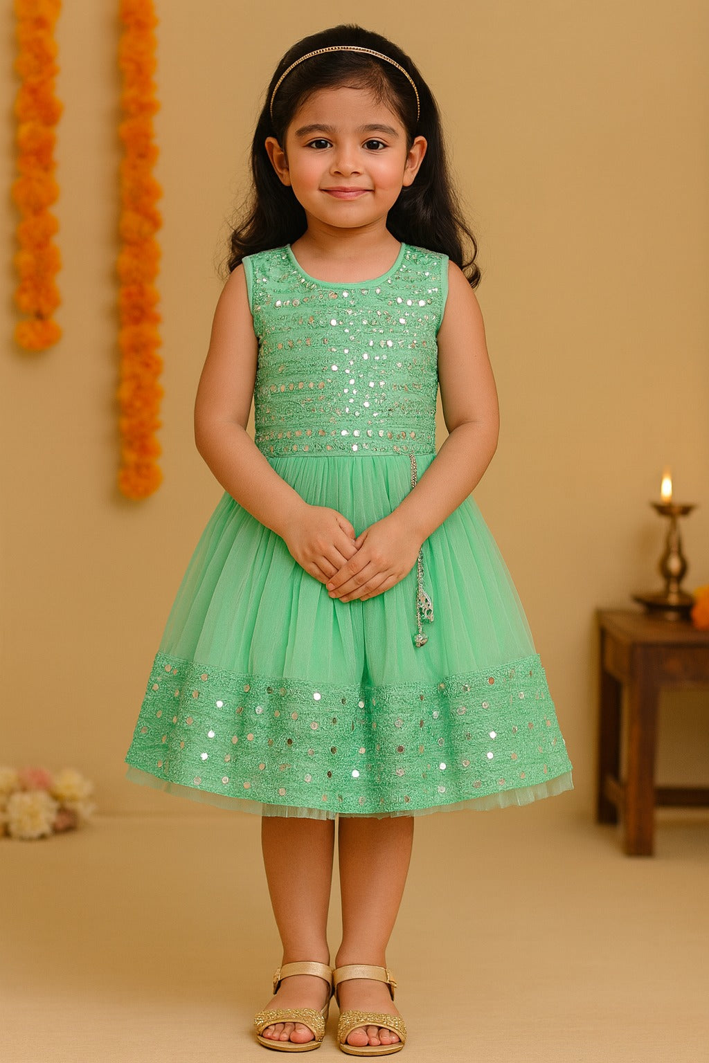 Girls Mirror Work Flared Ethnic Dress