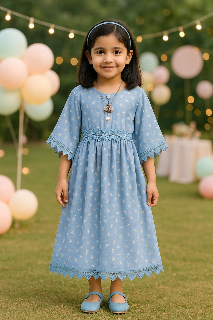 Girls Floral Print Kimono Sleeve Fit and Flare Frock Dress