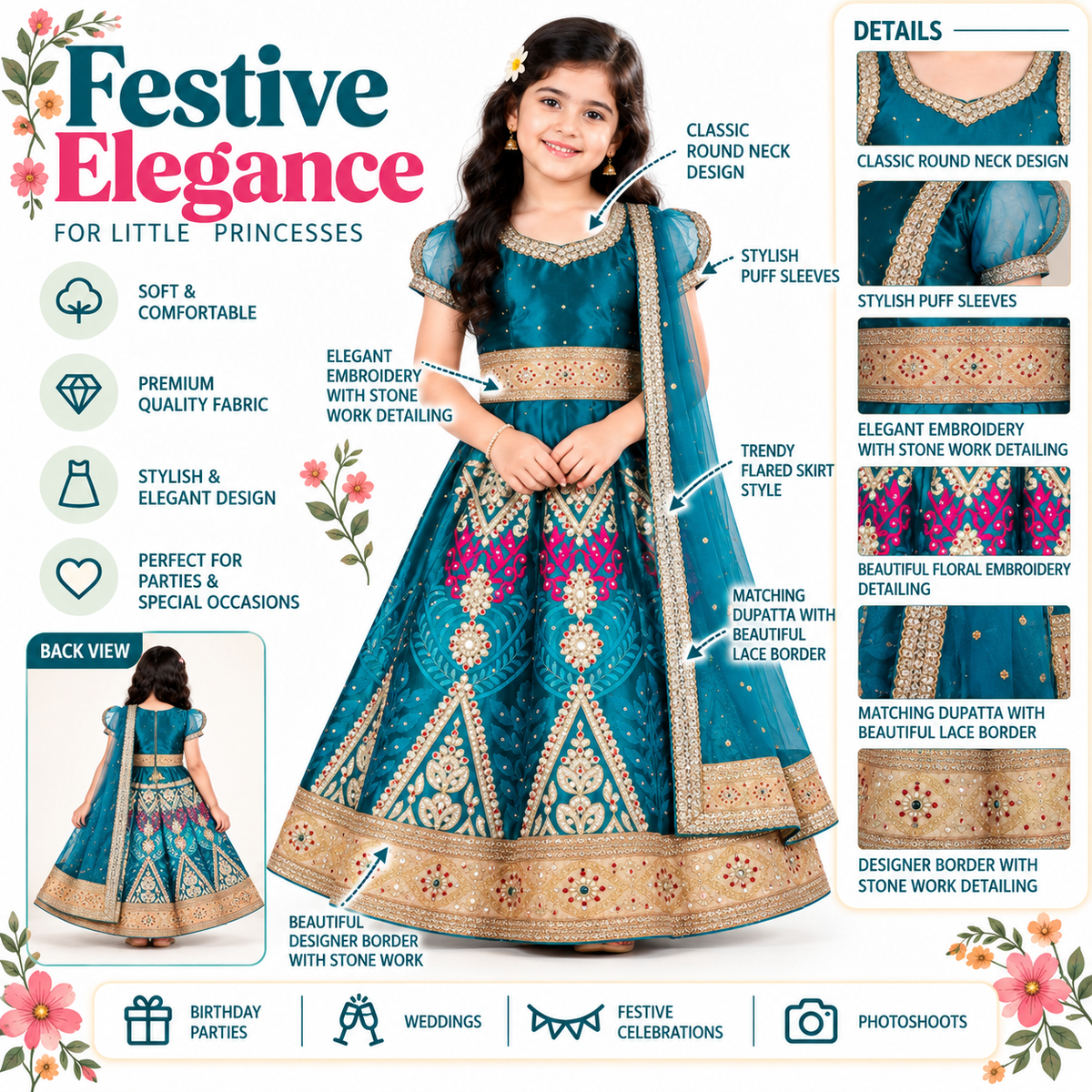 Girls Ethnic Wear Embroidered Ghagra Choli Dupatta Set