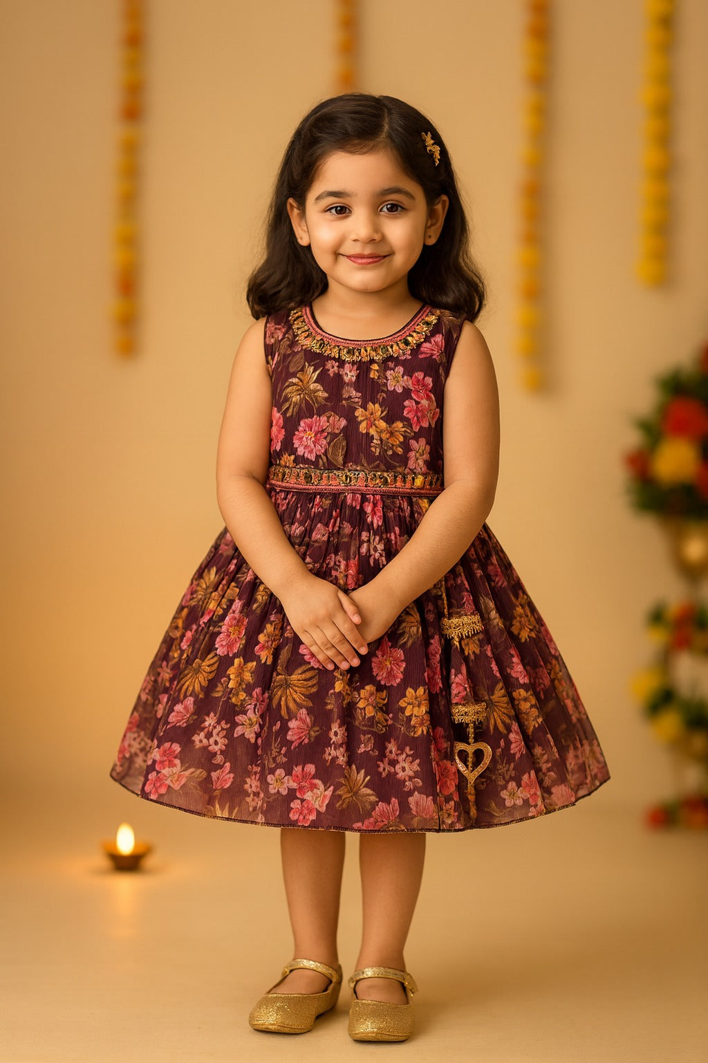 Girls Floral Chiffon Summer Dress with Mirror Work Festive Wear