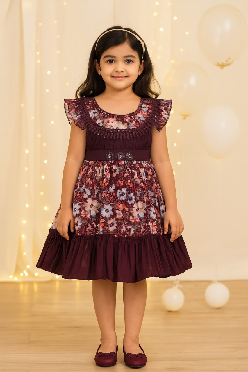 Girls Floral Print Casual Dress with Ruffled Hem