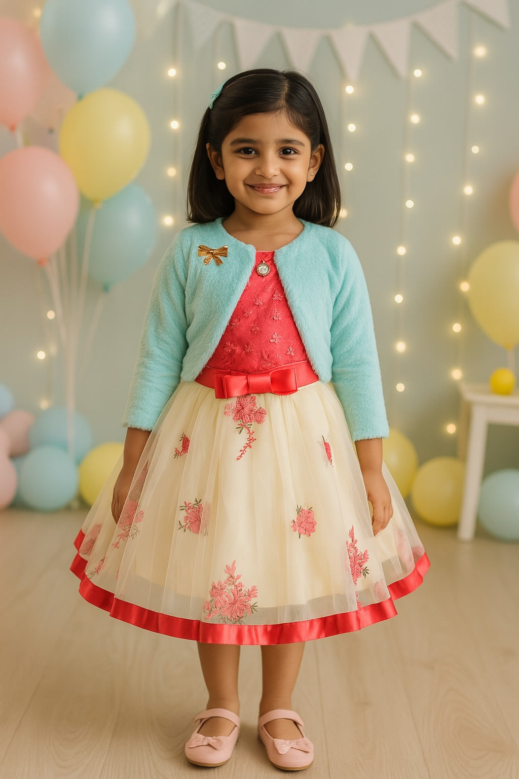 Girls Full Sleeve Embroidered Midi/Knee Length Party Dress