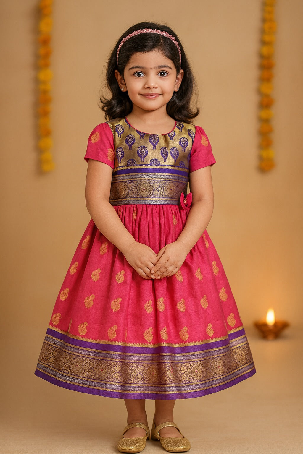 Girls Woven Zari Short Sleeve Round Neck Ethnic Dress