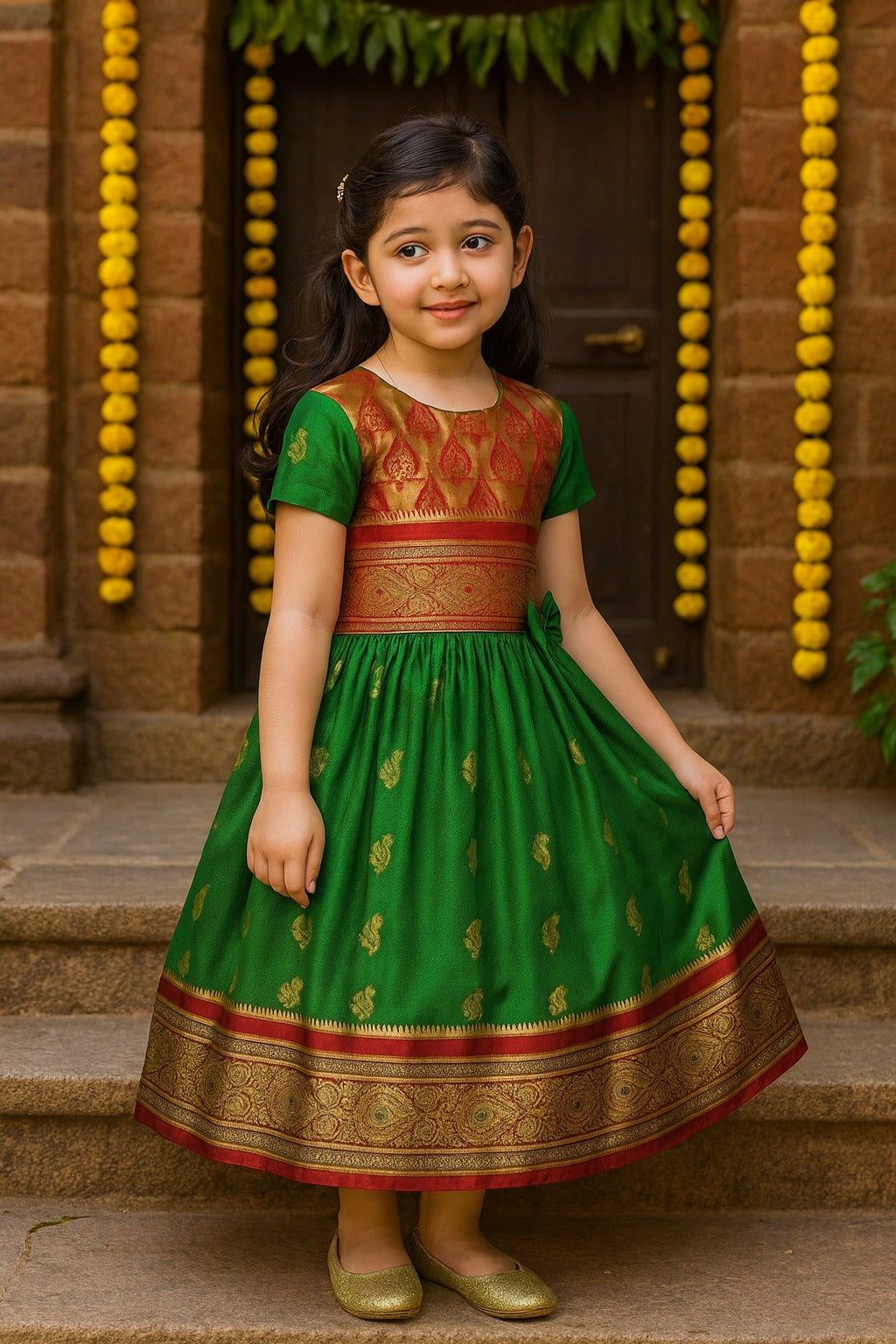 Girls Woven Zari Short Sleeve Round Neck Ethnic Dress