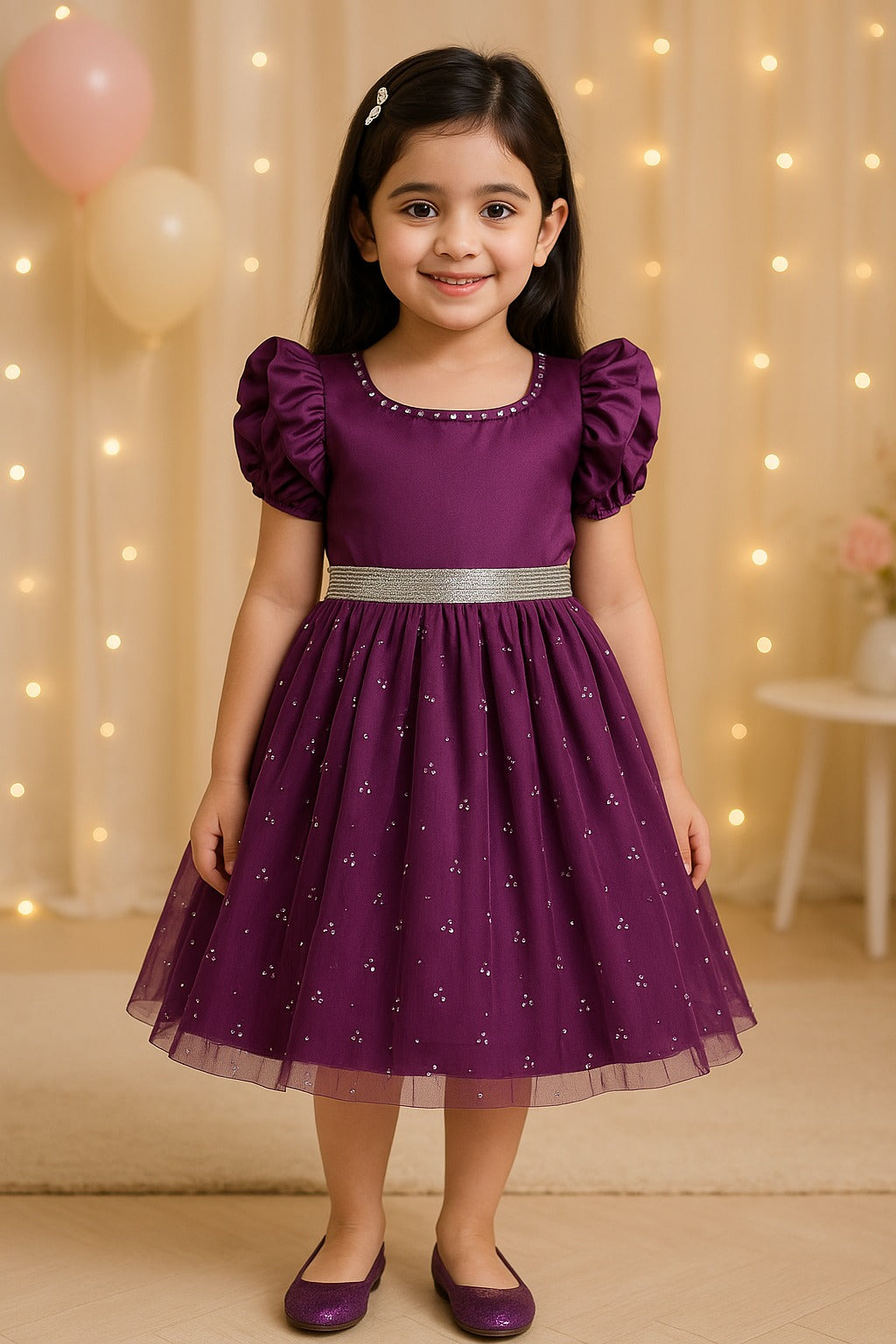 Girls Pearl Embellished Balloon Sleeve Party Dress