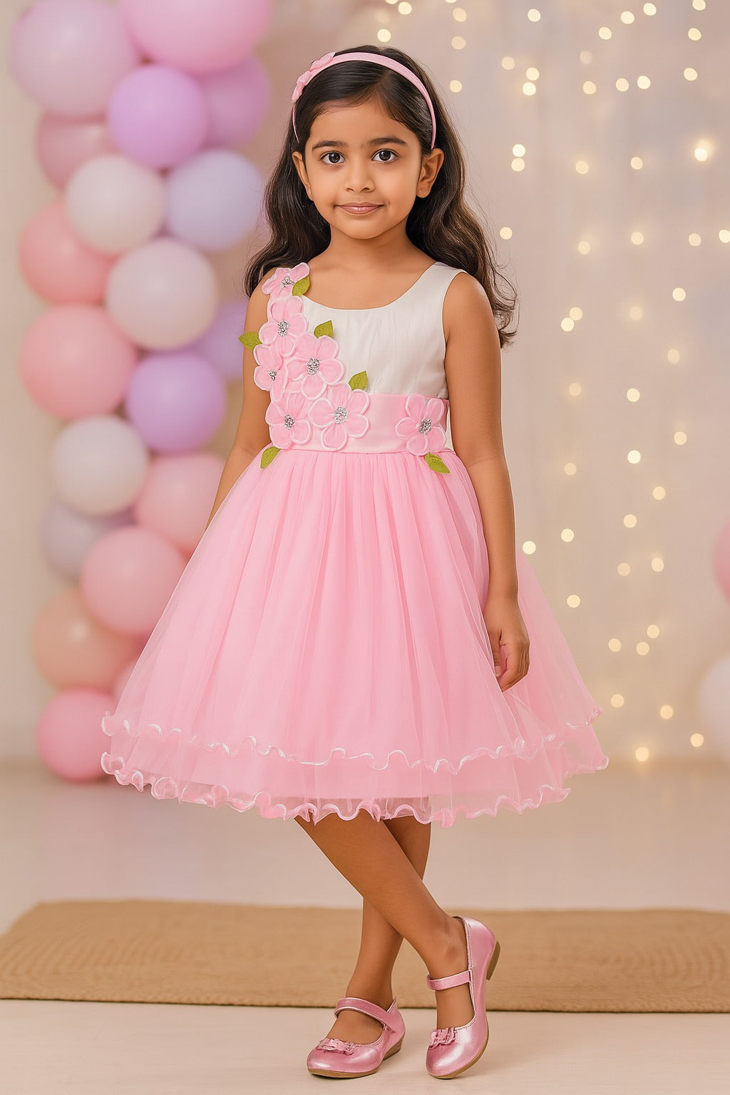 Flower Embellished Net Party Dress