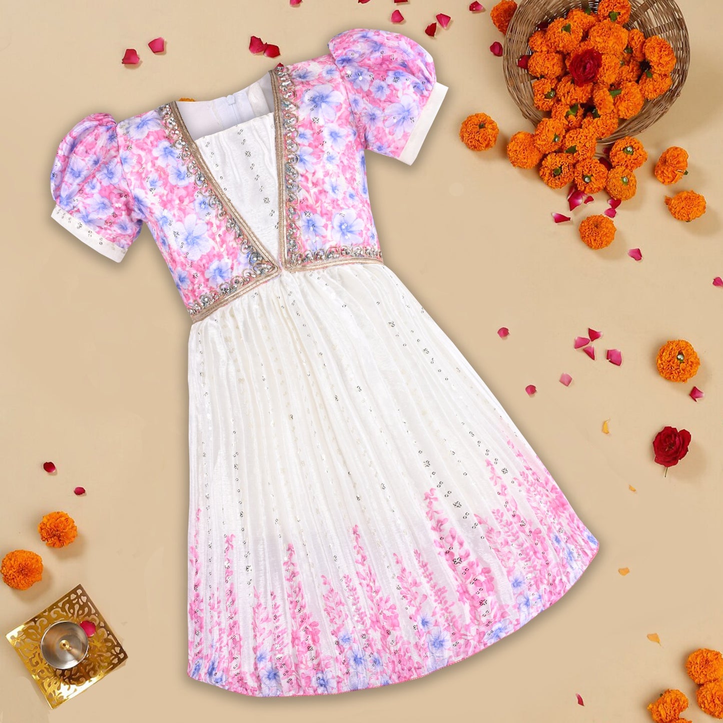 Baby Girls Floral Print Embellished Ethnic Frock Dress - Onam Special