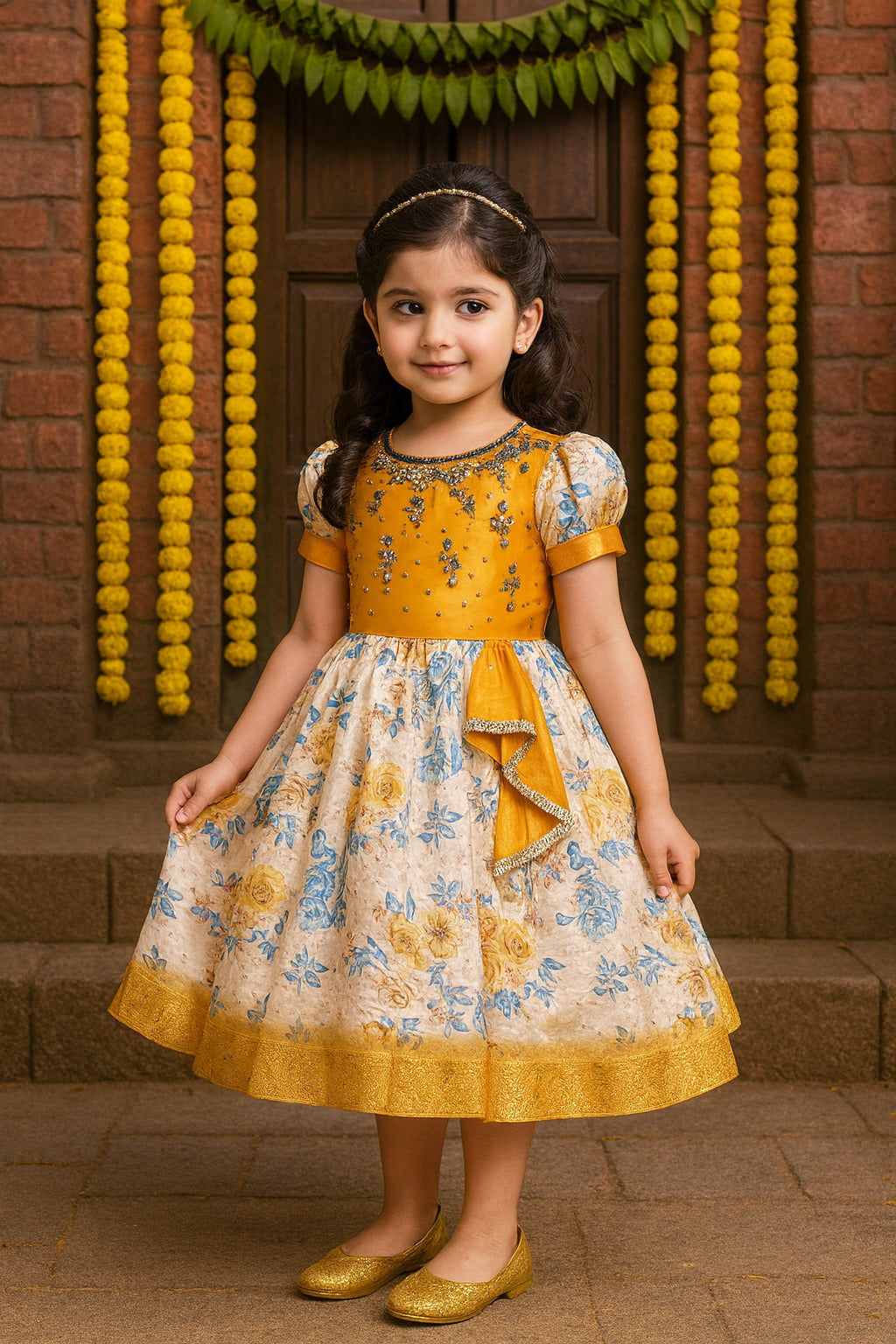 Girls Floral Printed Bead Embellished Ethnic Dress