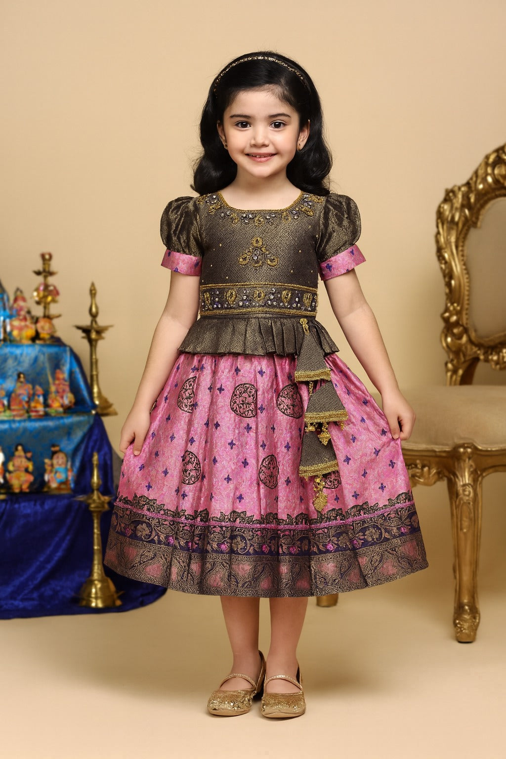 Girls Printed Bead Embellished Ethnic Dress