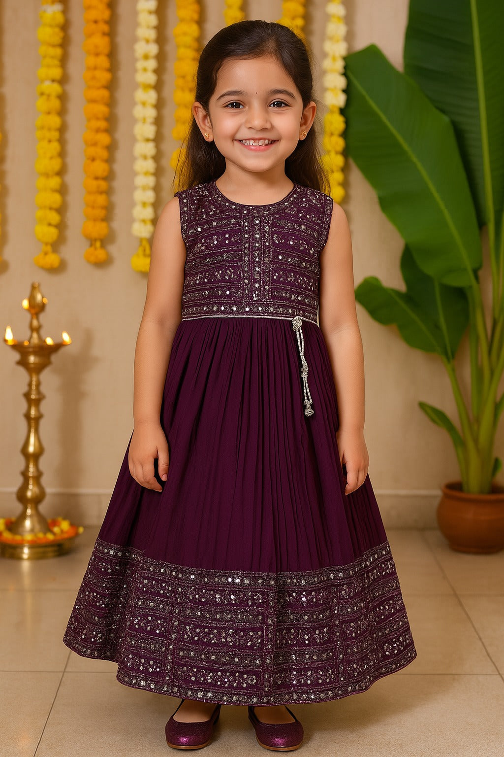 Girls Embellished Fit and Flare Sleeveless Full Length Frock Dress