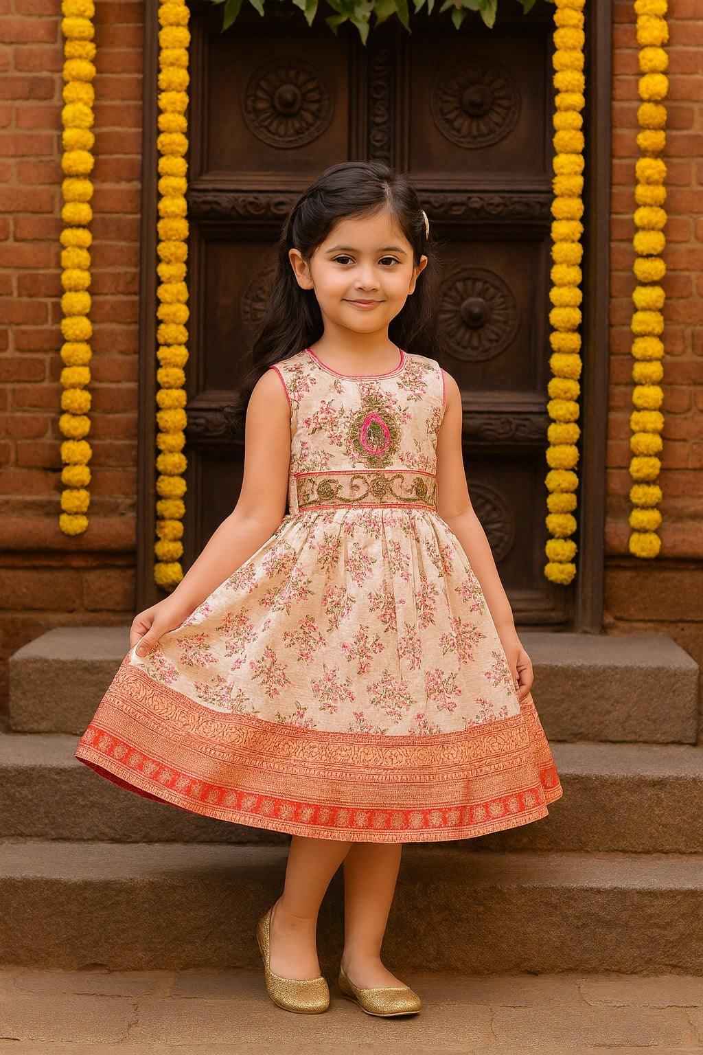 Girls Bead Embellished Floral Ethnic Dress fe3545