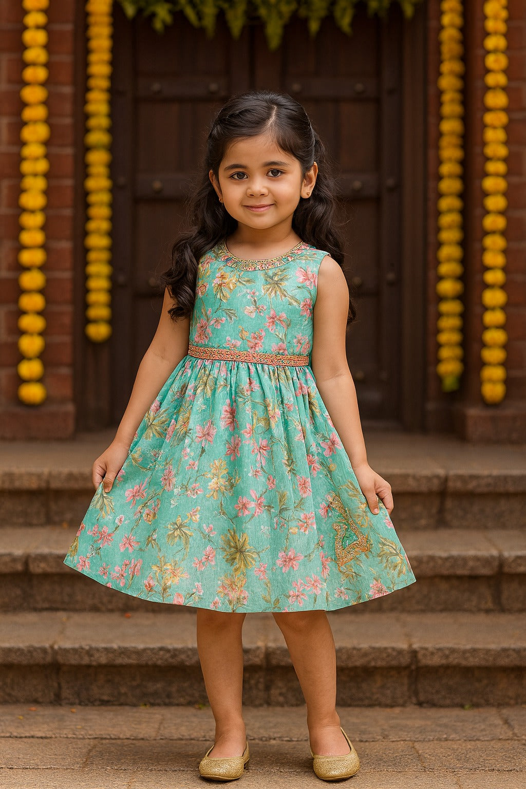 Girls Floral Chiffon Summer Dress with Mirror Work Festive Wear