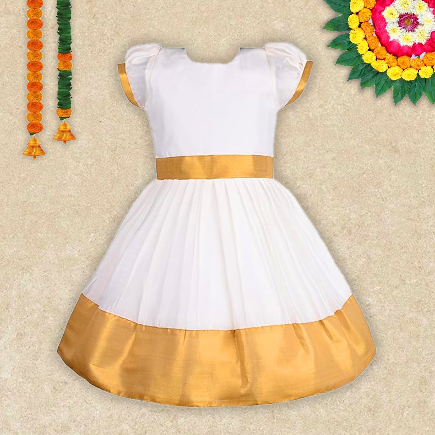 Girls Golden Kasavu Pleated Dress