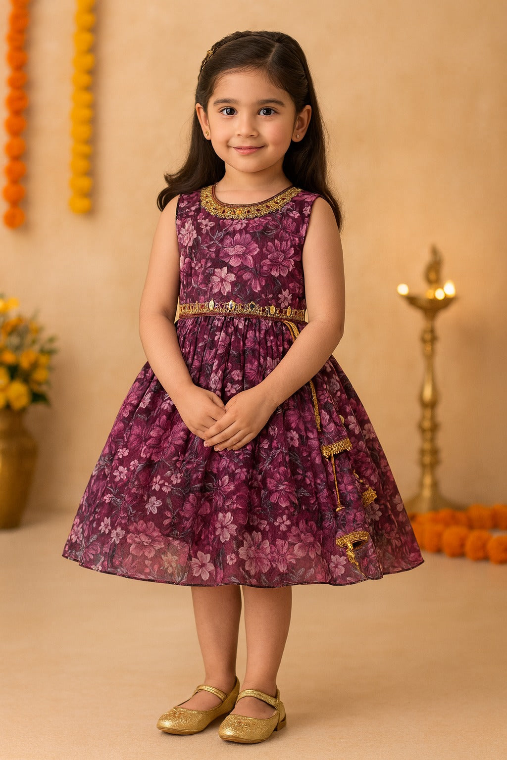Girls Floral Chiffon Summer Dress with Mirror Work Festive Wear