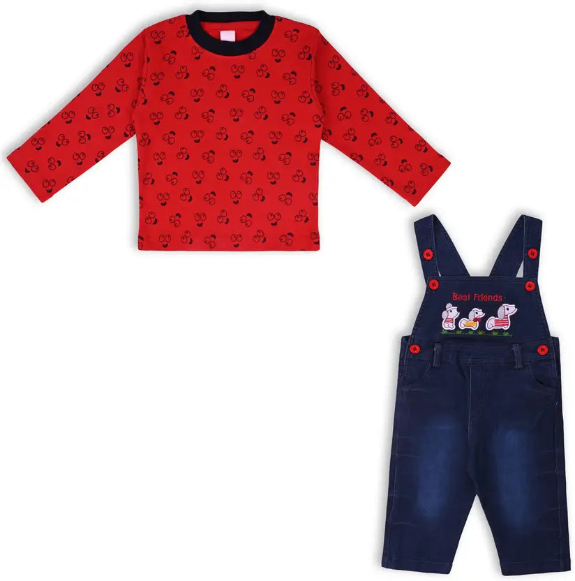 Boys Embroidered Cotton Tshirt Dungaree Set