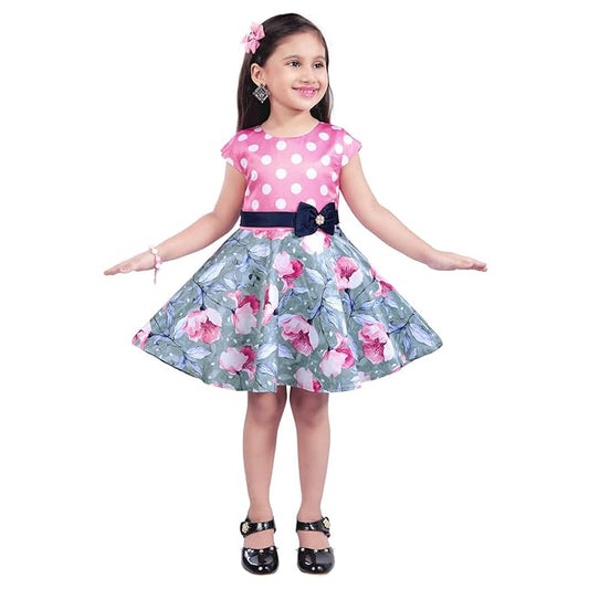 Girls Floral Printed A-line dress with Polka dots