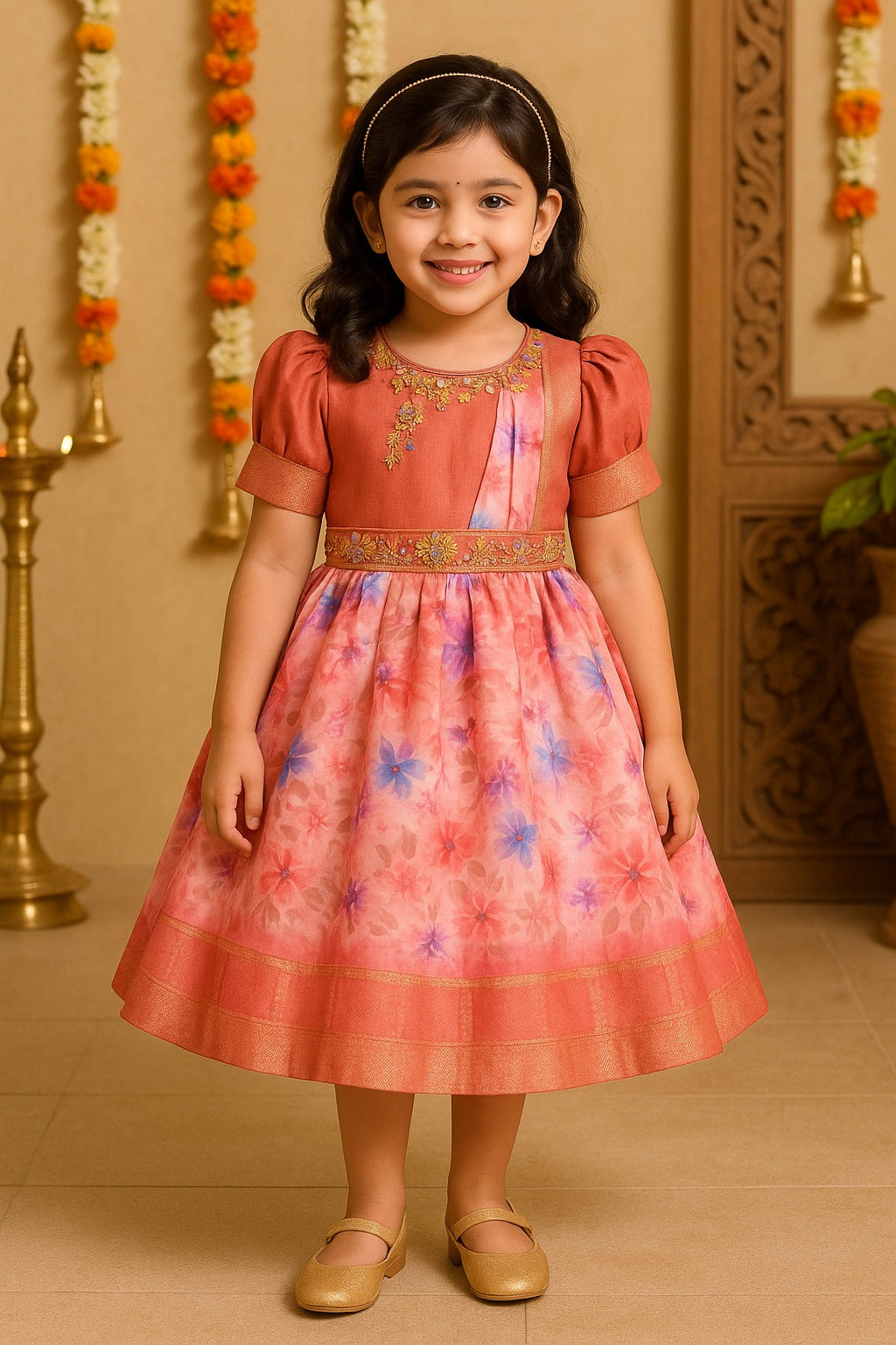 Girls Floral Print Bead Embellished Stylish Ethnic Dress