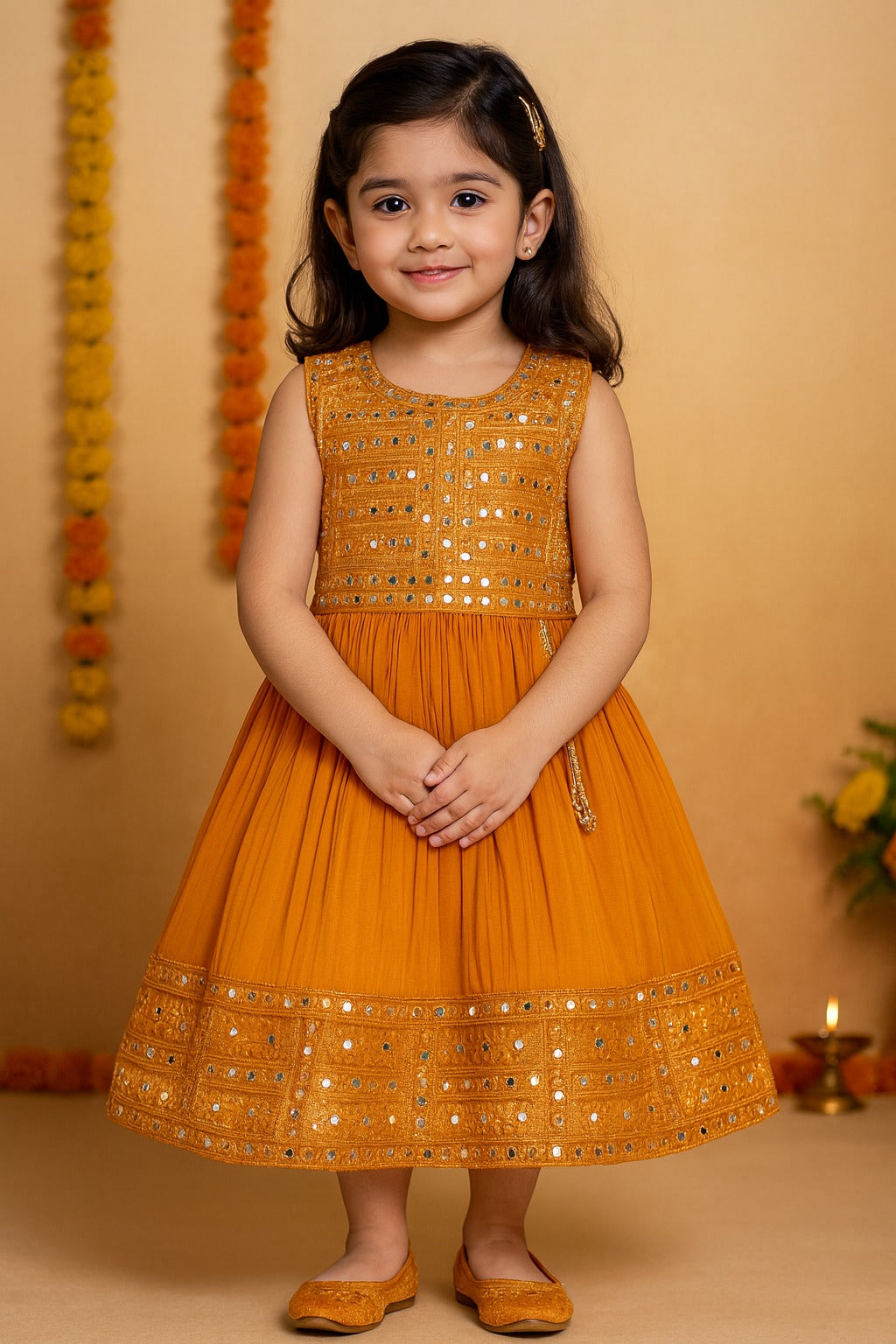 Girls Mirror Work Flared Ethnic Dress