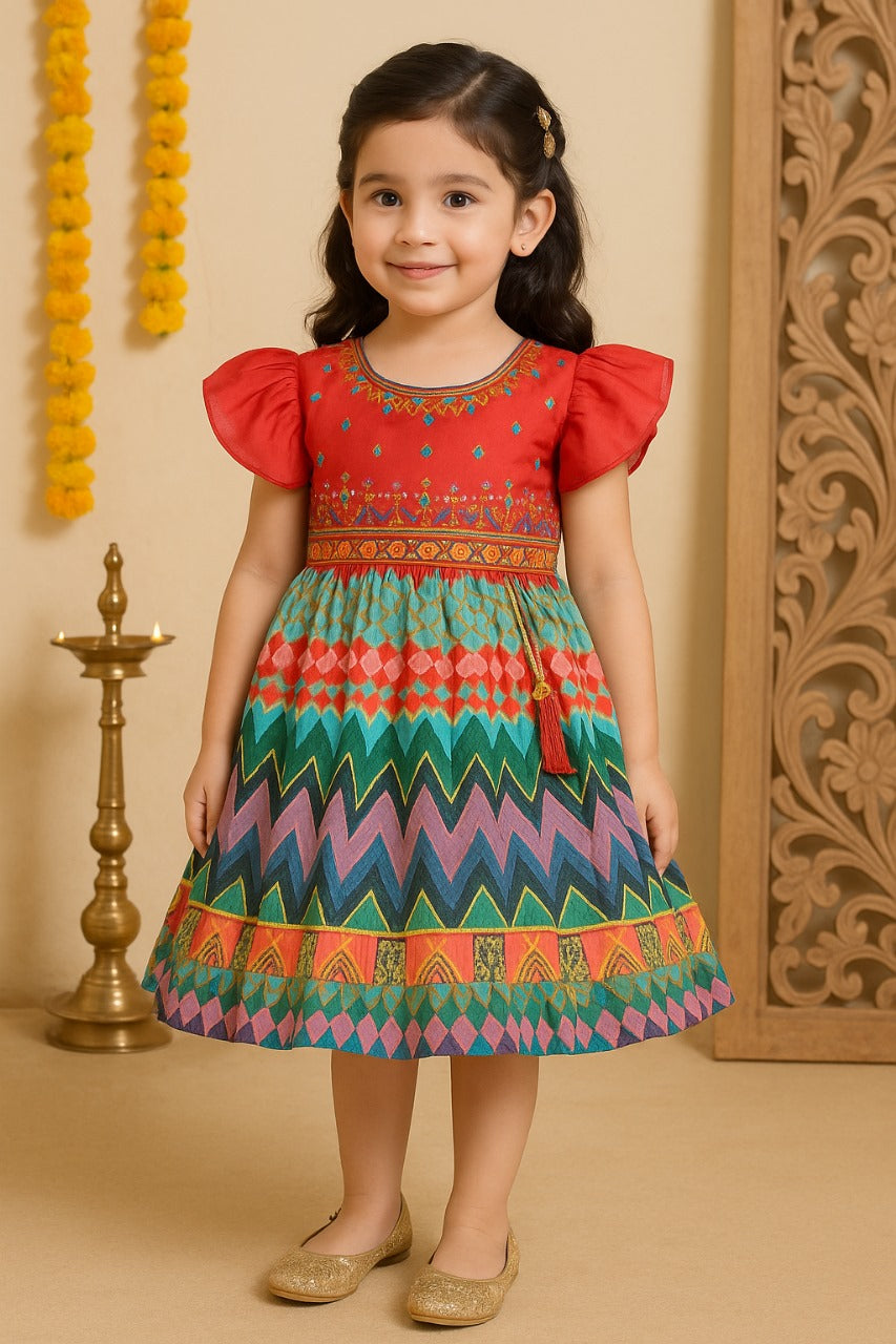 Girls Ethnic Printed and Embroidered Dress