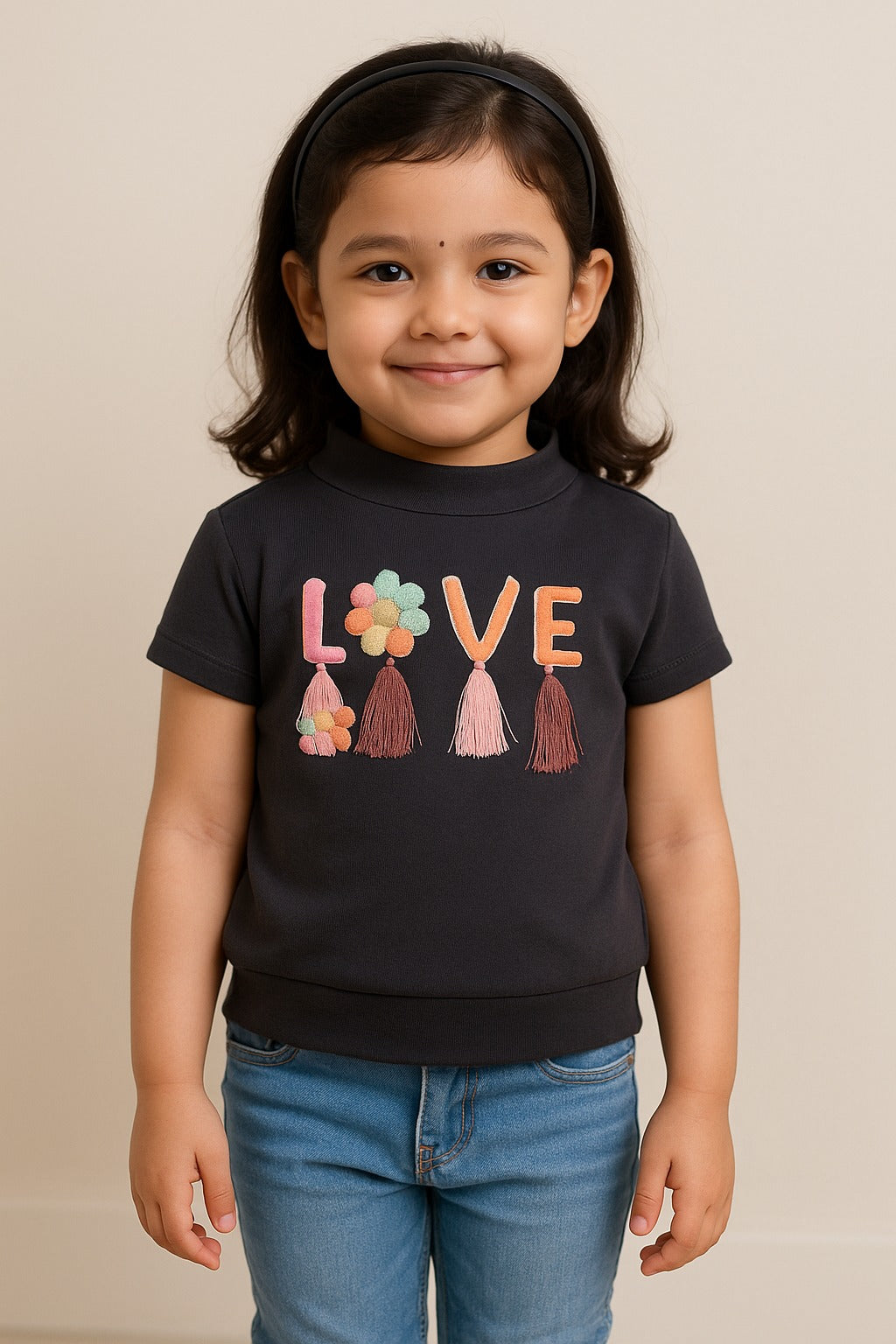 Girls High Neck Cotton T-shirt with Love Embroidery & Tassel Detailing