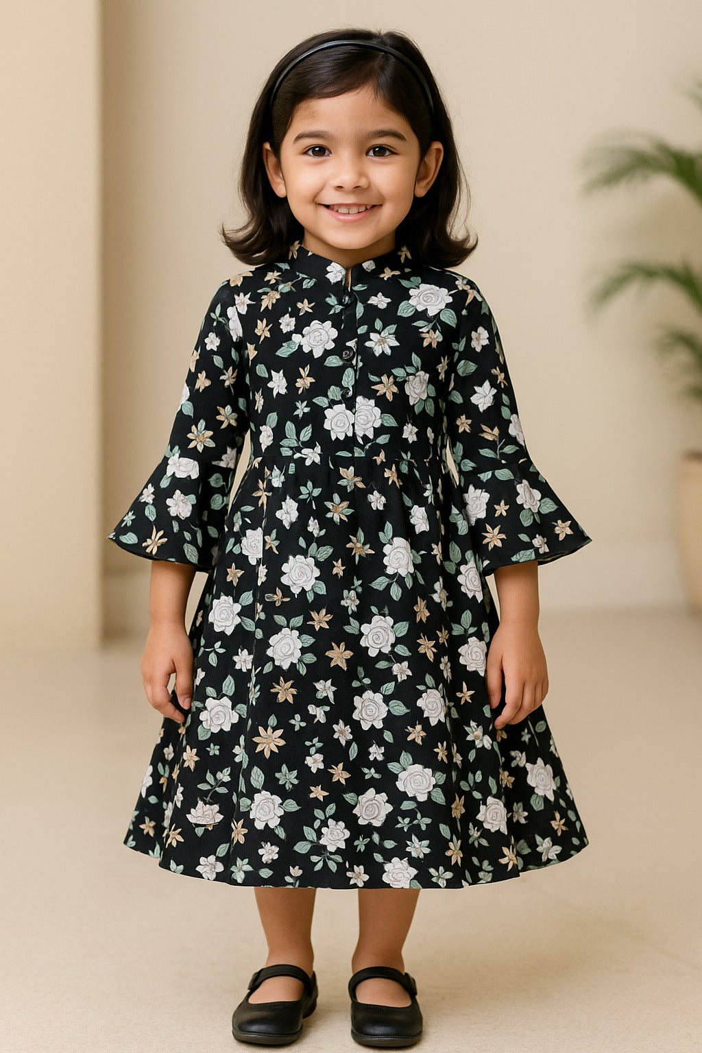 Girls Bell Sleeve Floral Print Fit and Flare Frock Dress