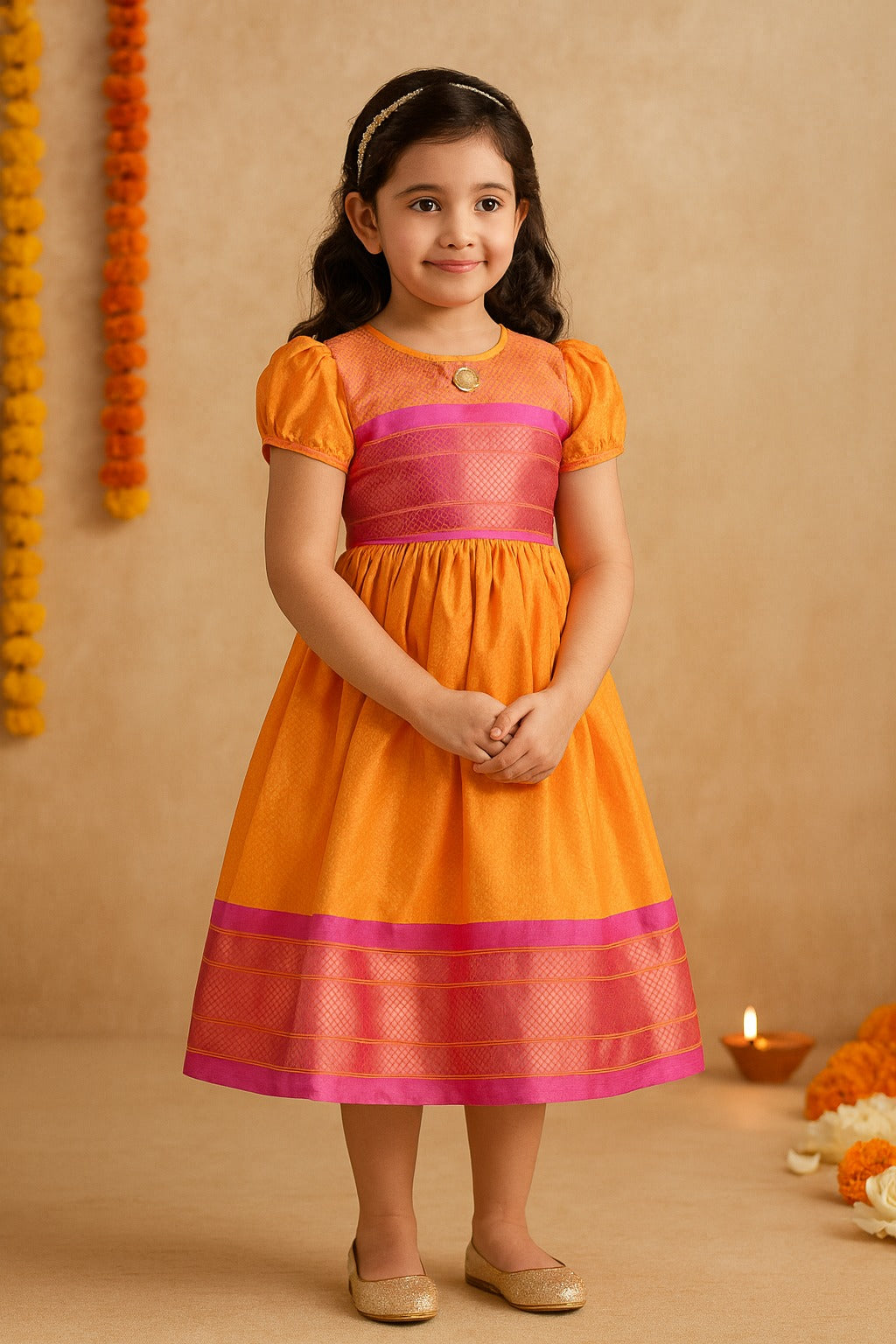 Girls Silk Traditional Zari Border Dress